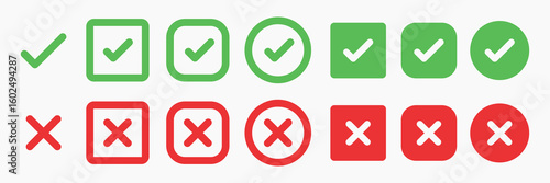 Green check marks and red X marks in various shapes. Check marks in circles and squares. X marks in circles and squares. Symbols for approval and disapproval. Vector element set.
