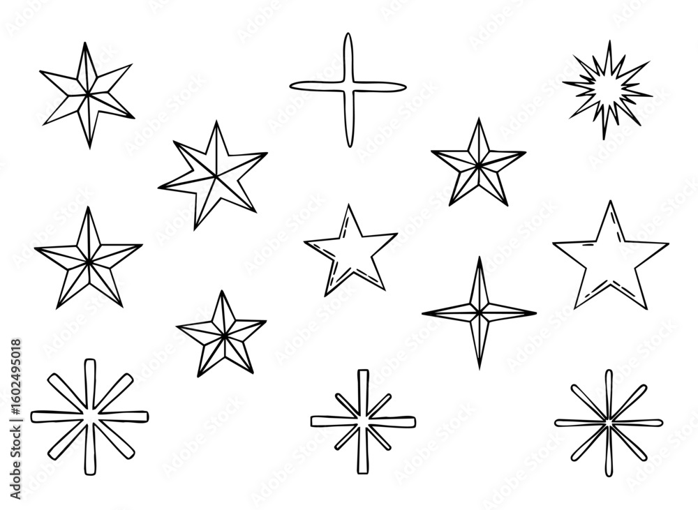 Fototapeta premium Hand Drawn Star Icons Set – Black and White Minimalist Sketch Style
