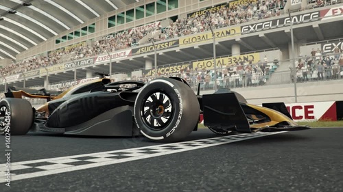 Wallpaper Mural Side view of a generic formula one race car driving across the finish line in slow motion. 3d animation rendering. New 2025 black and gold car design Torontodigital.ca