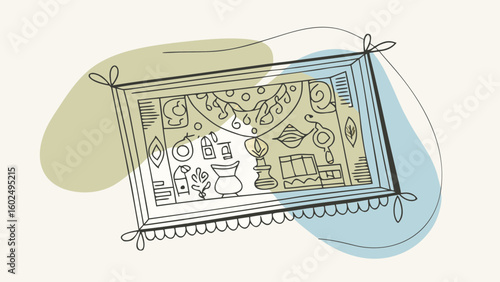A modern, minimalistic illustration featuring artistic home décor elements in a framed design.
