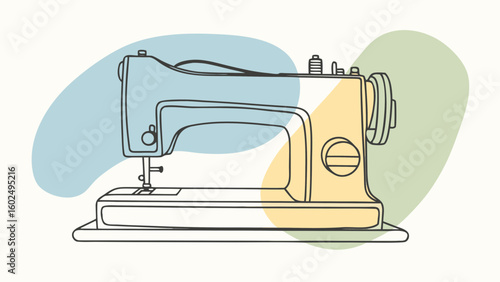 A minimalist line drawing of a sewing machine in pastel colors, emphasizing creativity and craftsmanship.