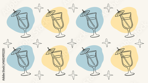 Stylized illustrations of cocktails with umbrellas on a soft pastel background, evoking a relaxed summer vibe.