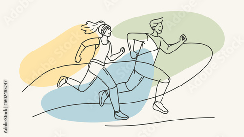 A man and woman jog together against a soft pastel background, showcasing a spirit of fitness and companionship.