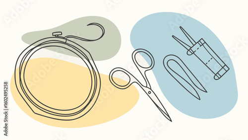 Line art illustration of sewing tools including scissors, a needle, and an embroidery hoop.