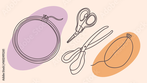 Minimalist illustration of sewing supplies, featuring scissors, an embroidery hoop, and thread on a pastel background.
