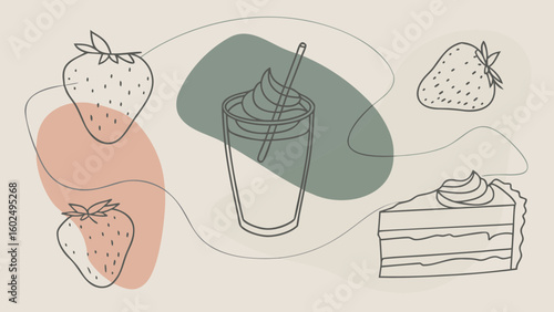 Stylish illustration featuring strawberries, a milkshake, and a slice of cake, perfect for food lovers and dessert enthusiasts.