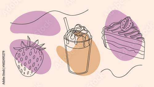 A minimalist illustration featuring a strawberry, a creamy dessert drink, and a slice of cake against pastel colors.