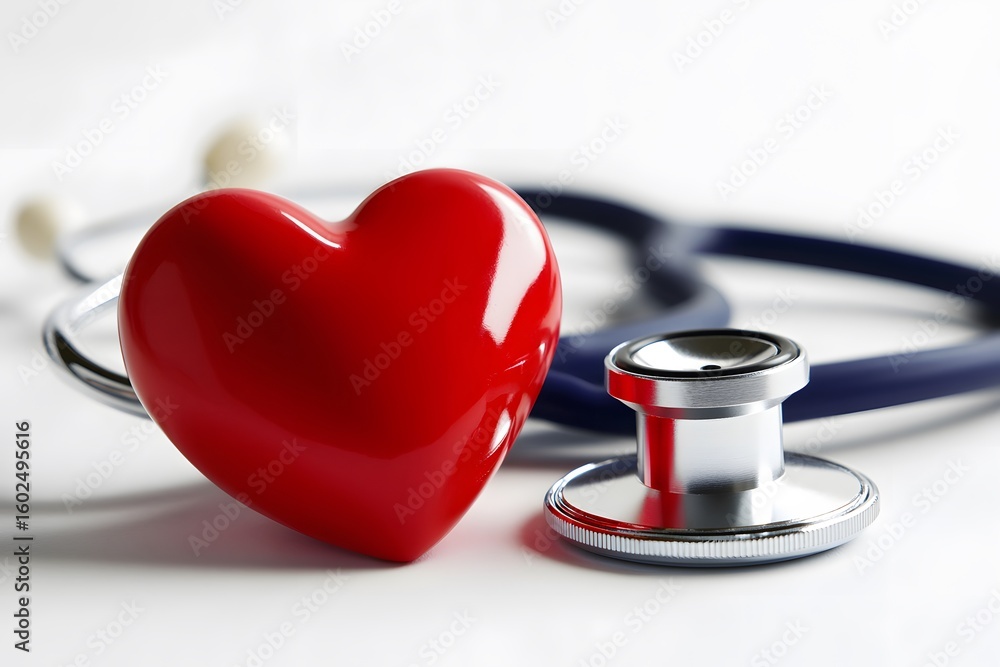 Red heart and stethoscope on a white surface, symbolizing heart health and medical checkups, ideal for healthcare and wellness concepts Red heart and stethoscope on a white surface, symbolizing heart health and medical checkups, ideal for healthcare and wellness concepts