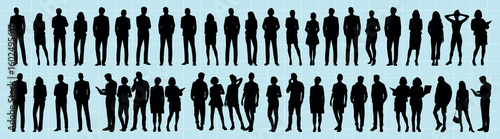 Silhouettes of diverse people in various poses. Group of men and women, standing and gesturing. Silhouettes of diverse people, business attire, various poses. People silhouettes, vector set.