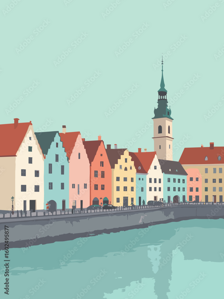 Fototapeta premium Wrocław – Market Square’s colorful gabled houses and river bank in pastel mint, peach blush, lagoon blue, and cobblestone gray