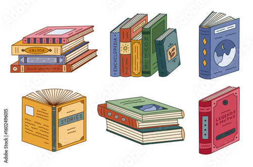 Lovely colourful doodle set about library and books. Trendy hand drawn stack of textbooks in vibrant colors, literature standing in row, legends, love stories. Reading line doodle isolated on white.