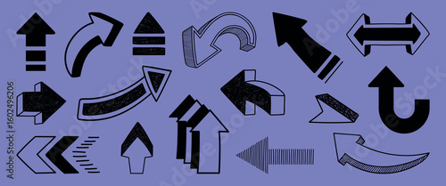 Collection of black arrows on a purple background. Various arrow designs, including curved, straight, and thick arrows. Arrows pointing in multiple directions. Hand drawn elements, vector set.