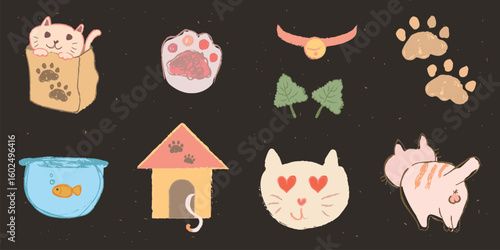 Cute cat illustrations with fish, cat food, and paw prints. Adorable cat faces, cat toys, and cat accessories. Playful cat-themed doodles and drawings. Cute pet illustrations vector set.