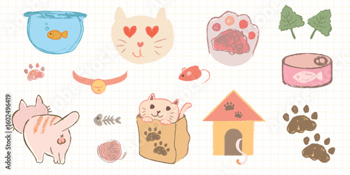 Cute cat icons with paws, fishbowl, cat house, and playful kittens. Adorable cat faces, paws, and fishbowl. Perfect for cat lovers and pet-themed designs. Cute pet illustrations vector set.