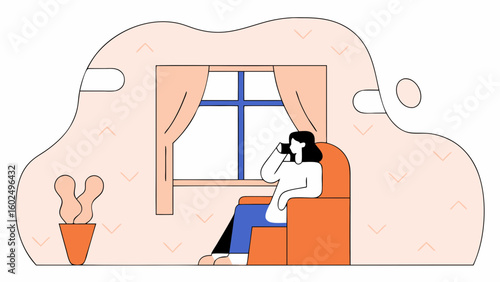 A relaxed woman seated on an orange chair, enjoying a peaceful moment by a window with curtains.