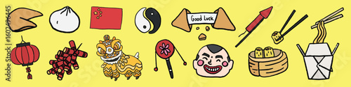 Illustration of Chinese New Year symbols: fortune cookie, dumpling, lantern, dragon, firecracker, chopsticks, dim sum, and takeout box. Hand drawn Chinese New Year illustrations, vector set.