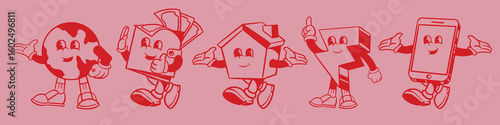 Cartoon characters of a globe, book, house, number, and phone, all smiling and walking. Red outlines on a pink background. Fun, playful, and educational theme. Cute cartoon elements, vector set.