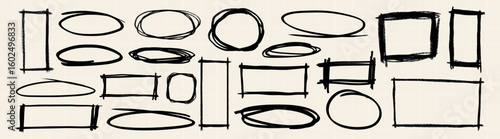 Collection of hand-drawn black frames. Sketchy, irregular shapes. Oval and rectangular frames. Black frames on a light background. Artistic frame designs. Hand drawn doodle frames, vector set.