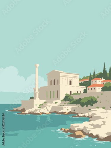 Split – Diocletian’s Palace ancient columns beside Adriatic aqua waters under clear sky in limestone white, turquoise sea, olive green, and terracotta roofs