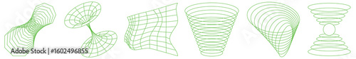 Green wireframe shapes in various forms. Wireframe patterns, wireframe designs, and wireframe structures create abstract art. Geometric wireframe visuals. Geometric elements, vector set.