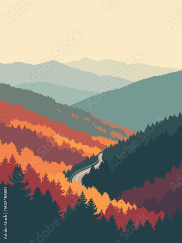 Asheville – Blue Ridge Parkway overlook with layered autumn ridges and winding road in maple red, amber orange, forest green, and mist gray haze