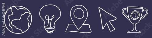 Line icons on a dark background: globe, lightbulb, map pin, cursor, trophy. Simple, minimalist design with globe, lightbulb, map pin, cursor, trophy. Hand drawn business elements, vector set.