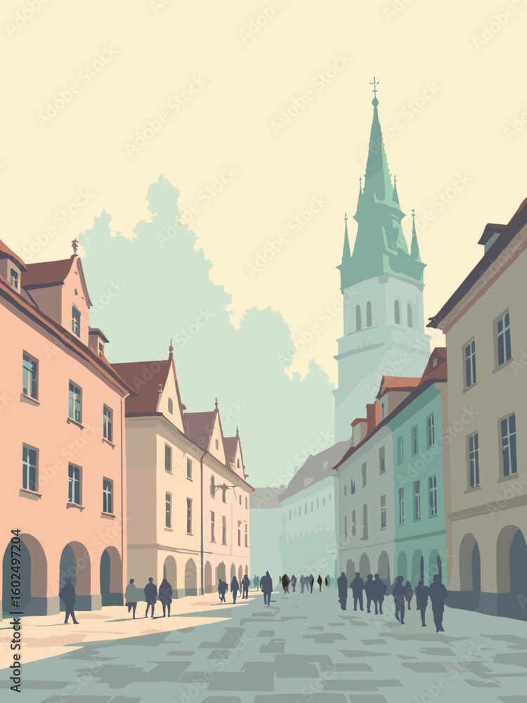 Obraz premium Lviv – Market Square façades in pastel hues and Gothic spire under early morning mist in peach pink, mint green, dove gray, and cobblestone brown