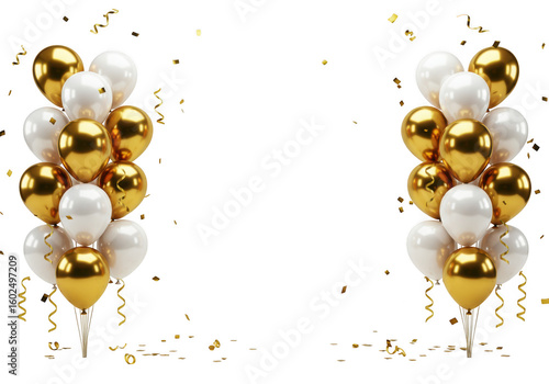 Gold and white balloons with confetti isolated on transparent background