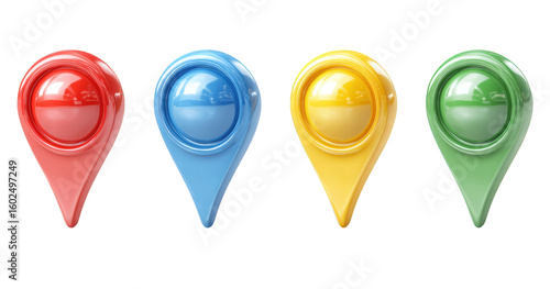 Wallpaper Mural Four glossy 3D map pointer icons aligned horizontally Distinct red blue yellow green colors Torontodigital.ca