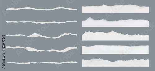 Set of torn paper edges on a gray background. Torn paper textures in various shapes. Torn paper strips create a rough, textured look. Torn paper for design use. Ripped element set. Vectors.