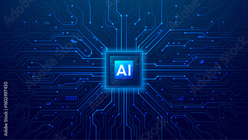 AI Chip with Light Glowing Neon Frame on Circuit Board. Technology AI Blue Background. Artificial Intelligence Digital Tech Bg. Machine Learning and Computer Innovation Concept. Vector Semiconductor.