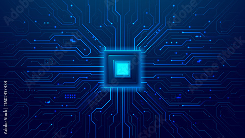 Quantum CPU AI Chip on Blue Circuit Board Background. Light Gloving Computer Core and Circuit Components. Artificial Intelligence Power Semiconductor on Technology bg. Tech Vector Illustration.
