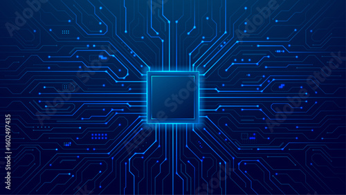 CPU with Light Glowing Neon Frame on Circuit Board. Technology Semiconductor on Blue Background. Empty AI Chip. Digital Tech Bg. Big Data and Artificial Intelligence Concept. Vector Illustration.