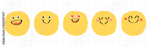 Five yellow smiley faces with various expressions: happy, smiling, heart eyes, content, and cheerful. Cute, simple, and expressive smiley faces. Hand drawn cute emoticon illustration set. Vectors.
