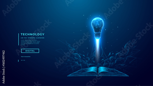 Light Bulb as Great Idea Symbol Launching Over Digital Opened Book. Education Start Up Concept. Low poly Wireframe Abstract Lamp Flies Over Book. Technology Background. Vector Tech Illustration.