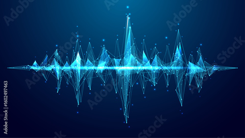 Abstract sound wave on a digital blue technology background. Audio equalizer element for music, radio, or voice visualization. Modern vector concept in low-poly wireframe style. Vector illustration.