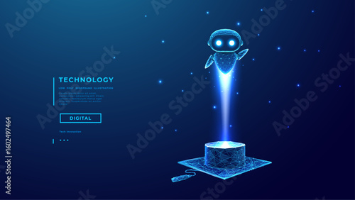 Digital AI Assistant Flies Over Graduation Cap. AI Assistant or Chatbot. Online Innovation Education Concept. Knowledge Technology Blue Background for presentation and web design. Vector Illustration.