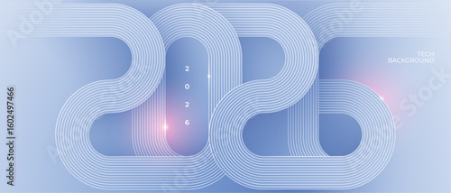 Elegant 2026 wave on tech bg. Abstract thin line light blue background in technology style. Modern geometric banner with circuit wires on the chip. Vector illustration for flyer, presentation, banner