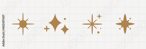 Gold star and diamond shapes on grid paper. Star shapes, diamond shapes, and gold accents create a celestial theme. Grid paper enhances the geometric design. Festive element set. Vectors.