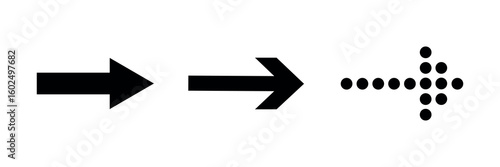 Three arrows pointing right: a solid arrow, a bold arrow, and a dotted arrow. Each arrow symbolizes direction, movement, and progress in a simple design. Graphic element set. Vectors.