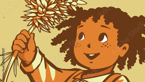 A cheerful young girl with curly hair holds a bundle of flowers, radiating joy and innocence against a warm backdrop.