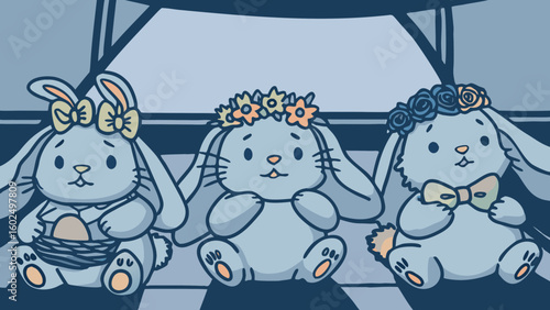 Three cute bunnies with flower crowns and accessories celebrating Easter.