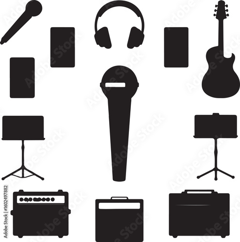 Comprehensive Music & Audio Equipment Silhouette Icons - Studio Recording, Live Performance & Instrument Gear Vector Pack


