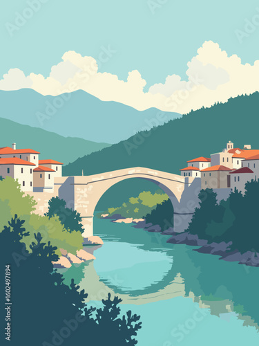 Mostar – Stari Most bridge arching over emerald Neretva River beneath ancient stone houses in limestone gray, river green, terracotta roofs, and azure sky