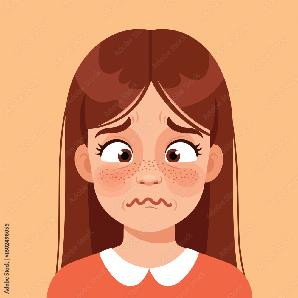 Worried Girl with Freckles Feeling Anxious and Unsure Cartoon Worried Girl with Freckles Feeling Anxious and Unsure Cartoon