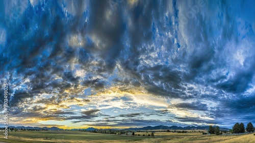 Dramatic golden hour sky with vibrant sunset hues blending into dynamic cloud formations, capturing nature's grandeur.
