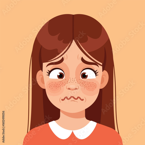 Worried Girl with Freckles Feeling Anxious and Unsure Cartoon