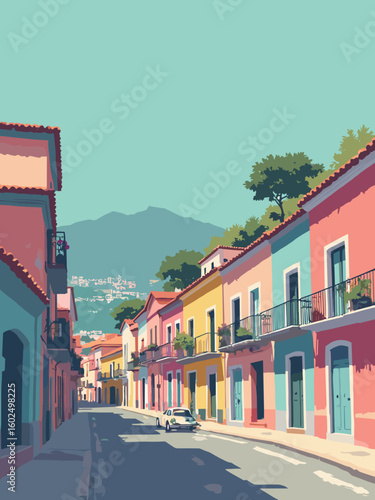 Valparaíso – Vibrant hillside funiculars and street murals under Pacific breeze in neon teal, coral pink, mustard yellow, and slate gray