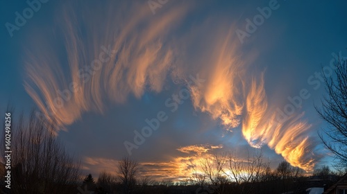 Dramatic golden hour sky with vibrant sunset hues blending into dynamic cloud formations, capturing nature's grandeur.