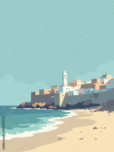 Essaouira – Blue‑and‑white ramparts and fishing nets on windswept shore in cobalt blue, dune beige, net gray, and seafoam green